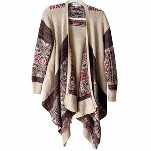 Knox Rose | Open Front Waterfall Cardigan Sweater Bohemian Fringe Tan Red XL